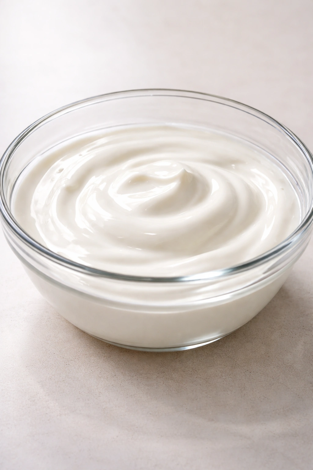 Glossy pool of heavy cream in a clear glass bowl