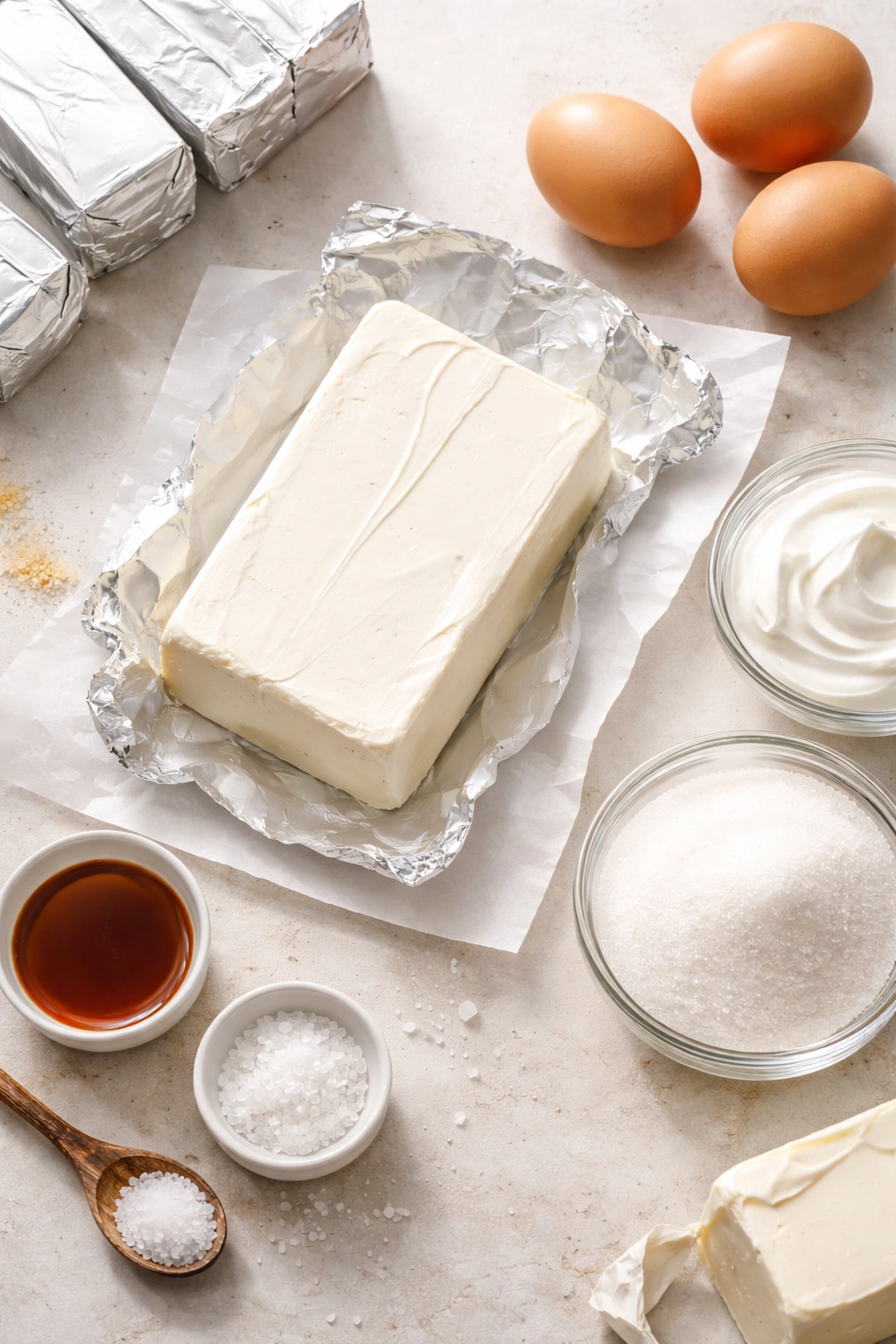Block of cream cheese on a plain surface