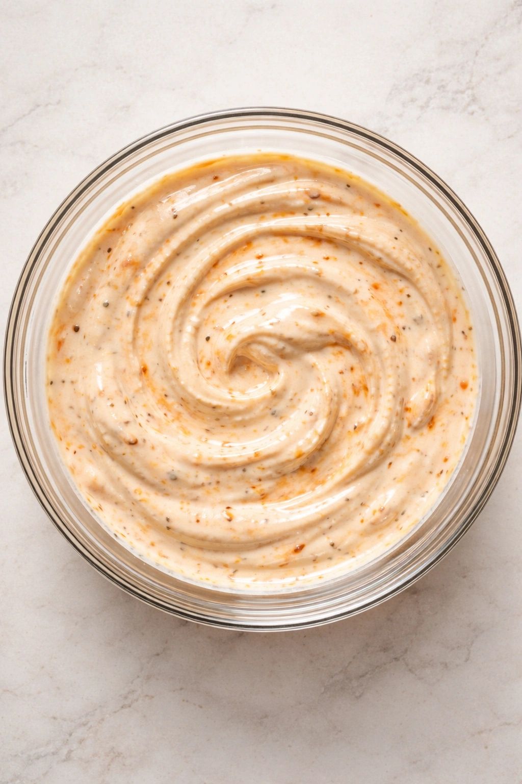 Creamy base sauce with buffalo color in glass bowl