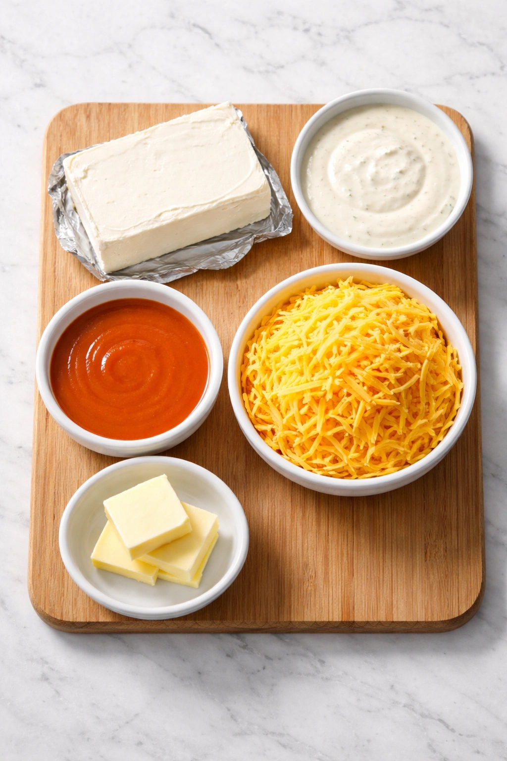 Flat lay of core ingredients: cream cheese, buffalo sauce, ranch, shredded cheese, butter