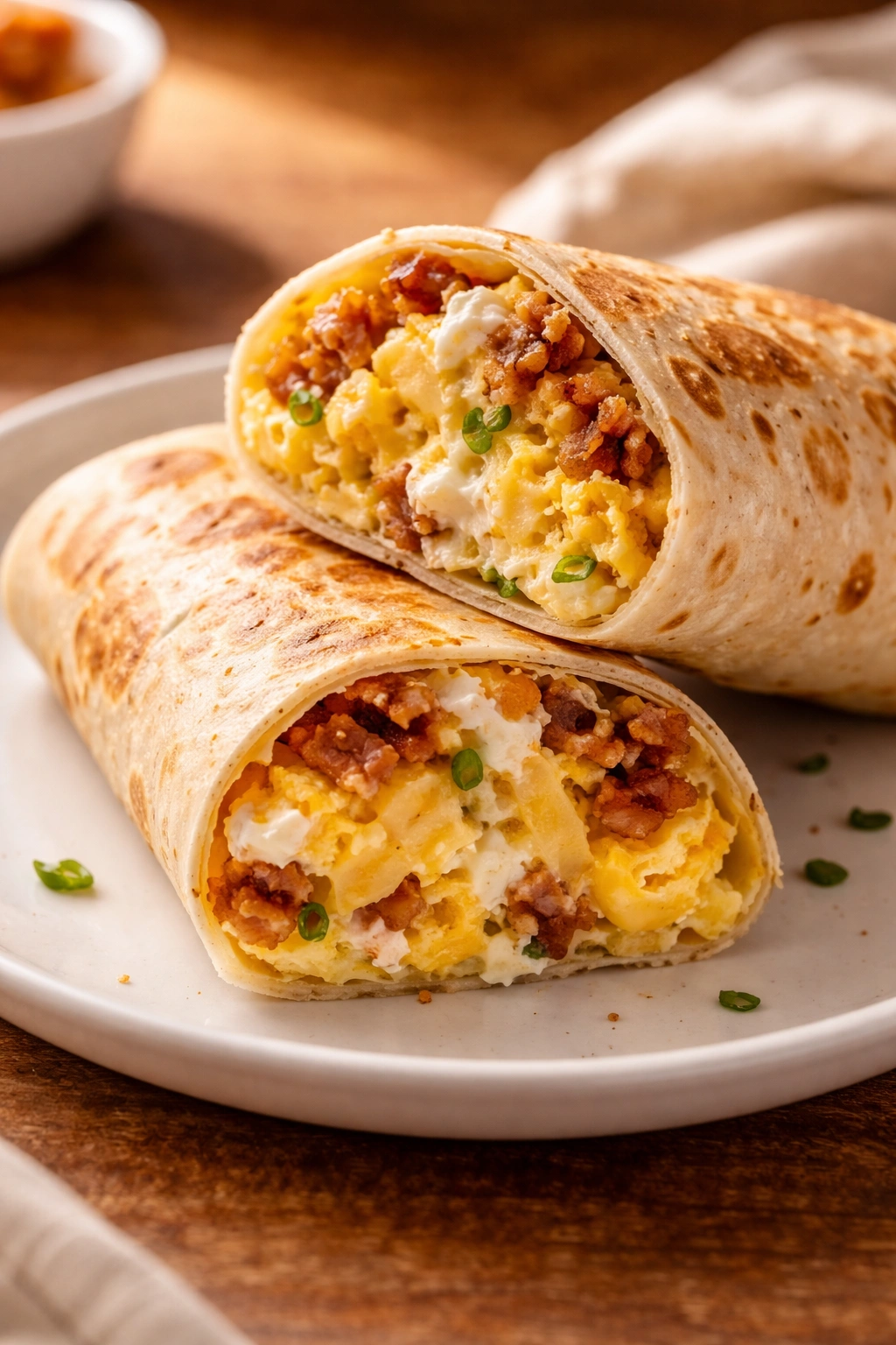 Half-cut breakfast burrito showing creamy interior with eggs and cheese