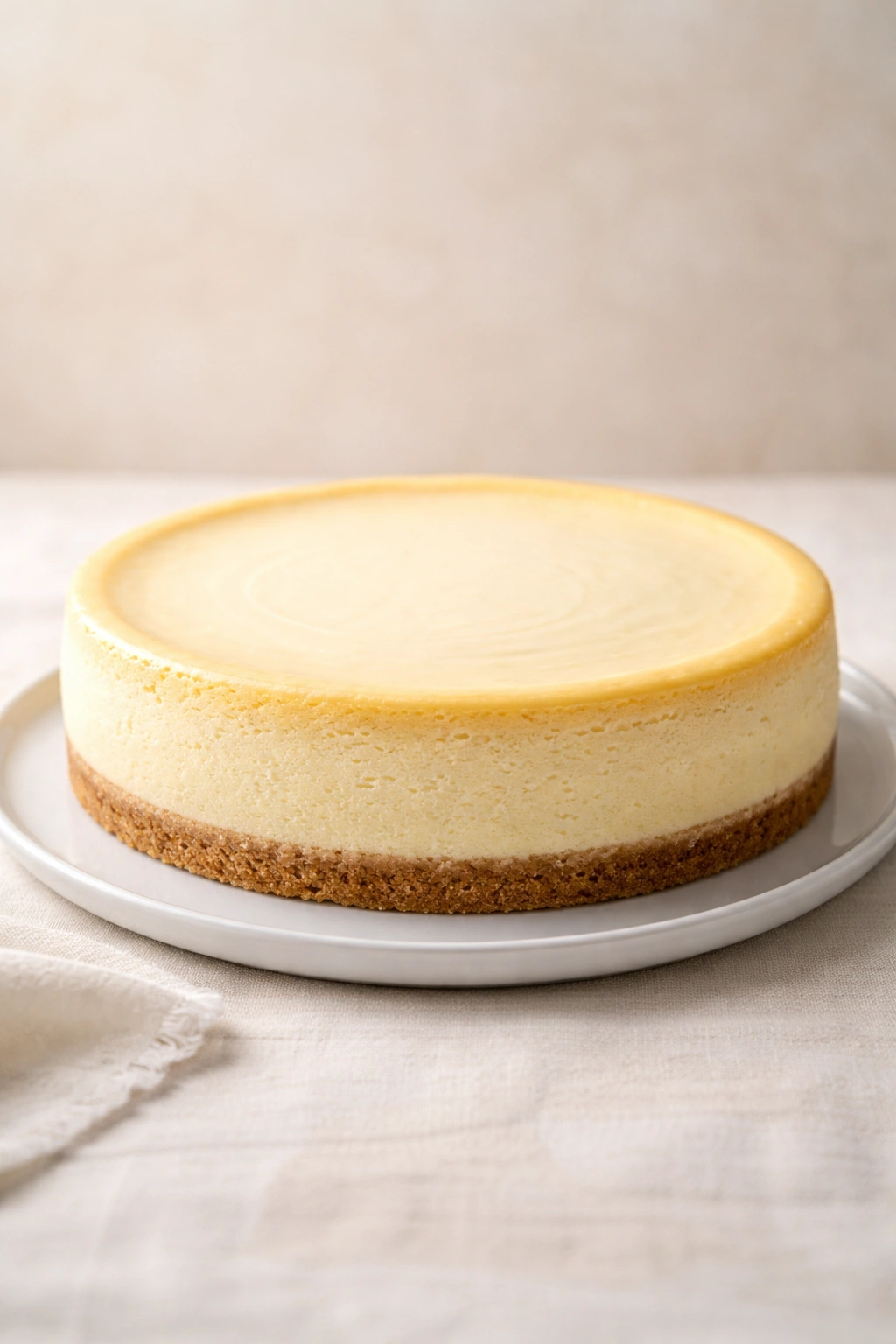 Whole cheesecake with smooth glossy top on plate