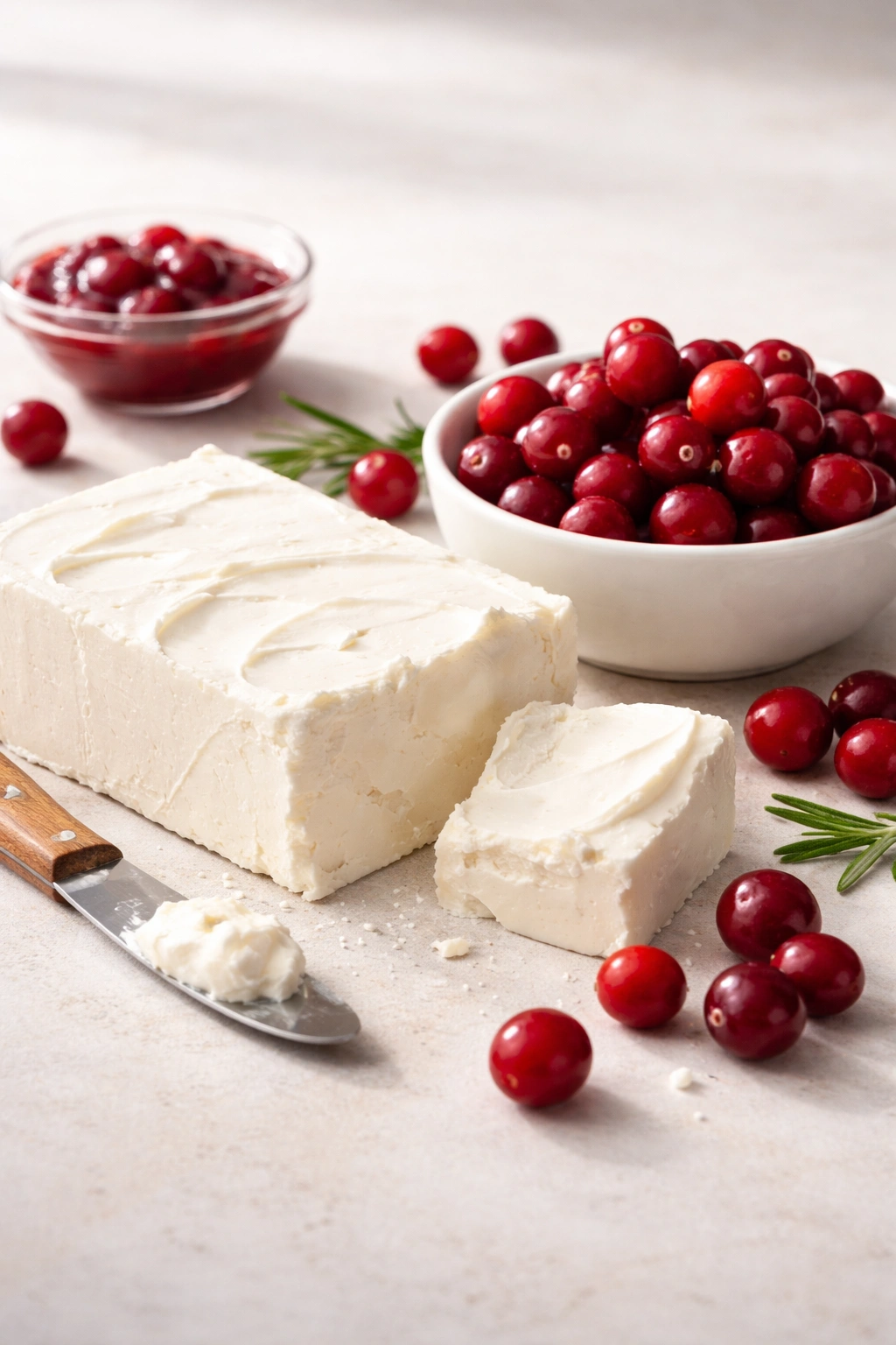 Cream cheese and cranberries presented in minimalist still life on neutral background