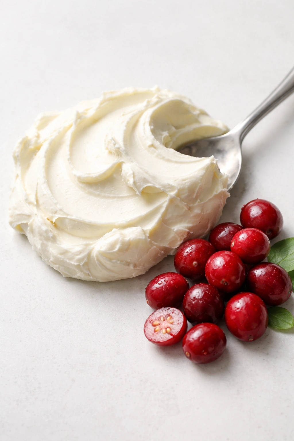 Scoop of softened cream cheese with fresh cranberries on plain surface