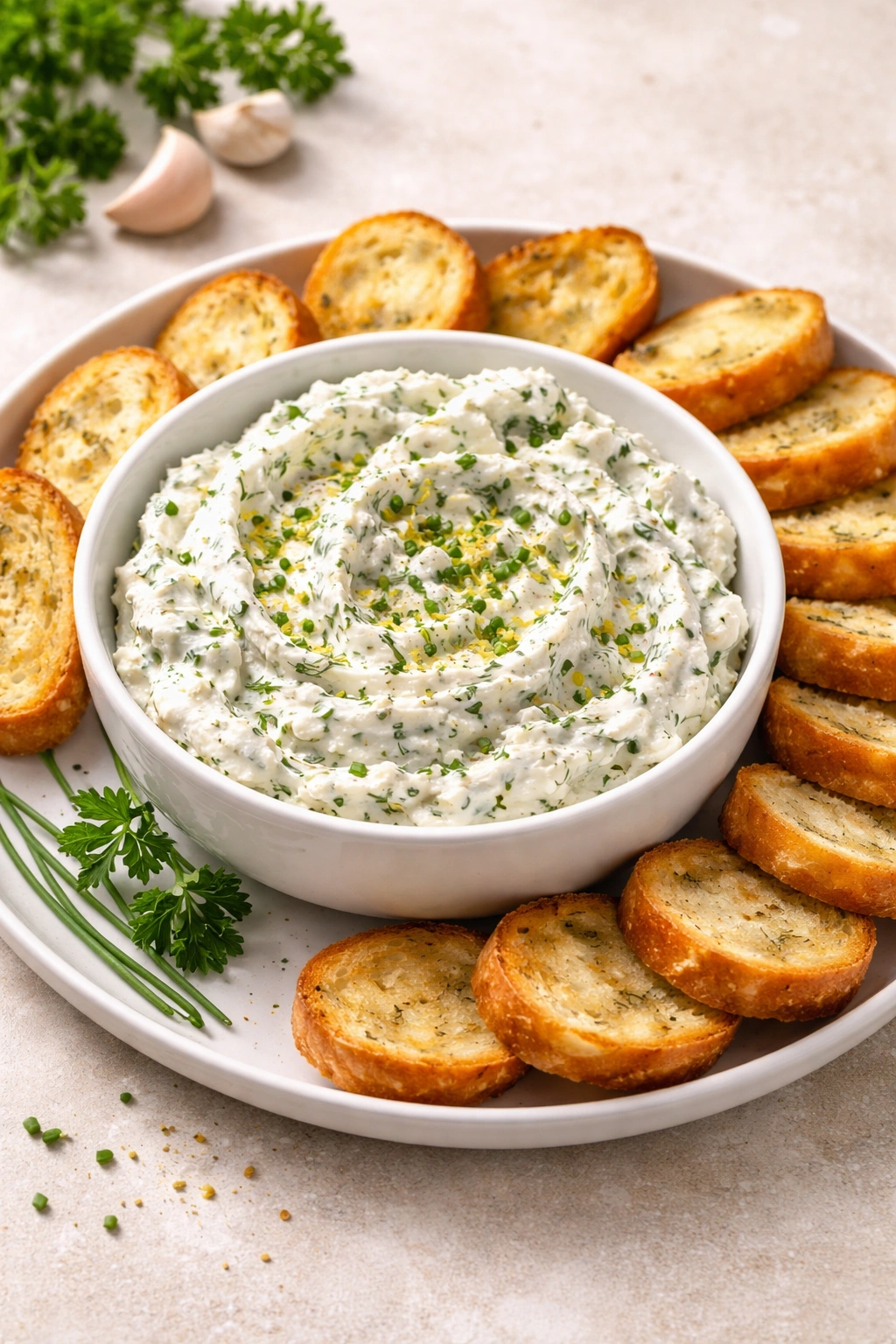 Whipped garlic herb cream cheese dip with crostini on a neutral surface