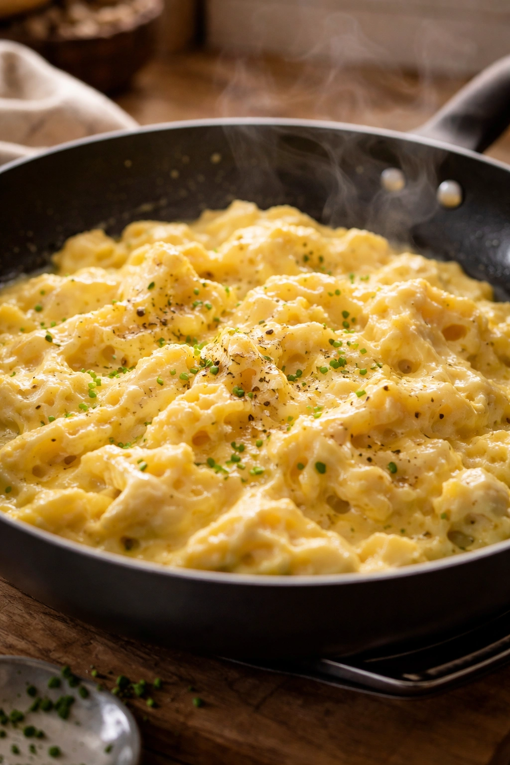 Close-up of savory scrambled eggs with cream cheese, glossy and creamy in a pan