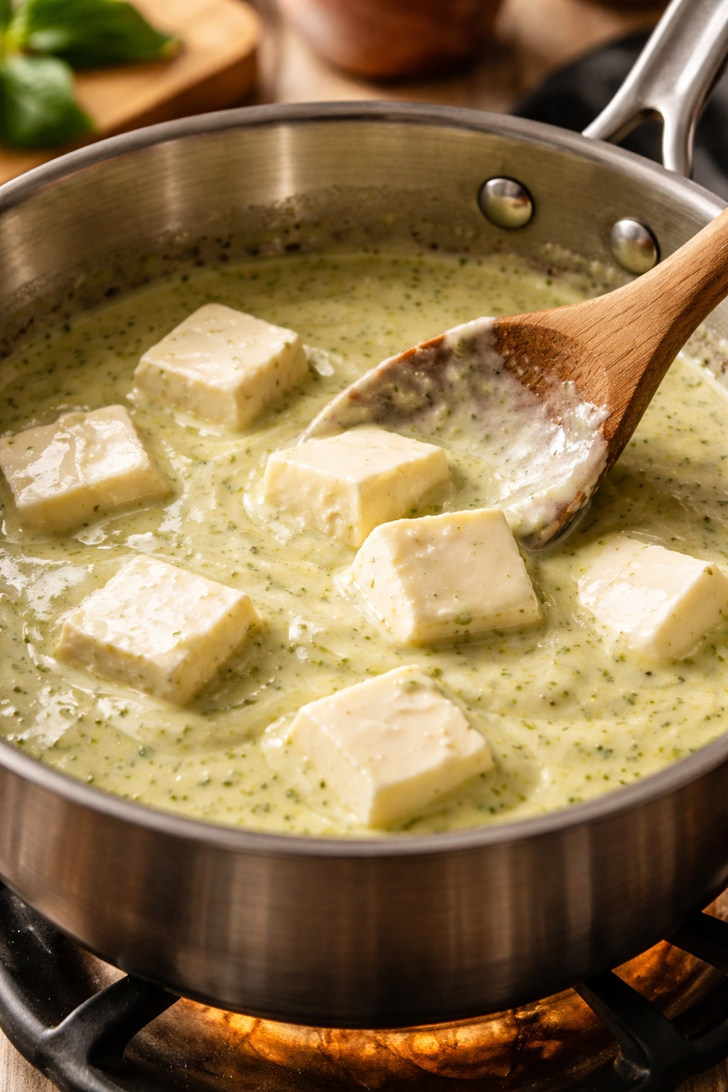 Close-up of cream cheese melting into a silky emulsified sauce in a pan