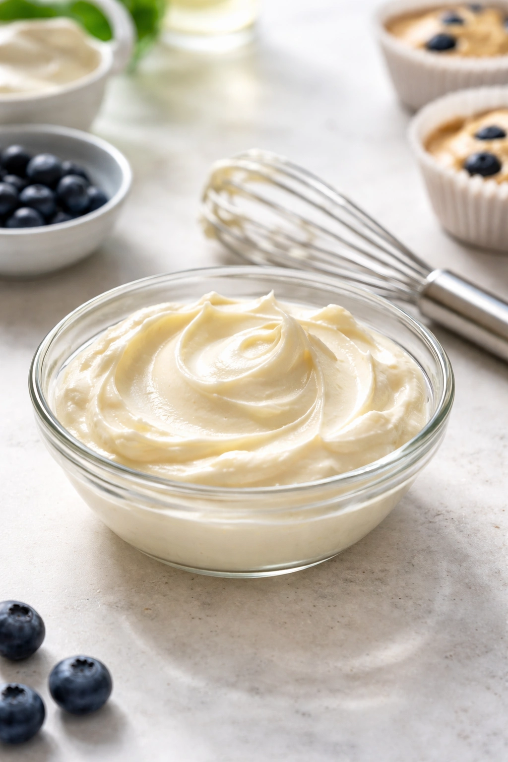 Smooth cream cheese filling in a bowl with a whisk nearby