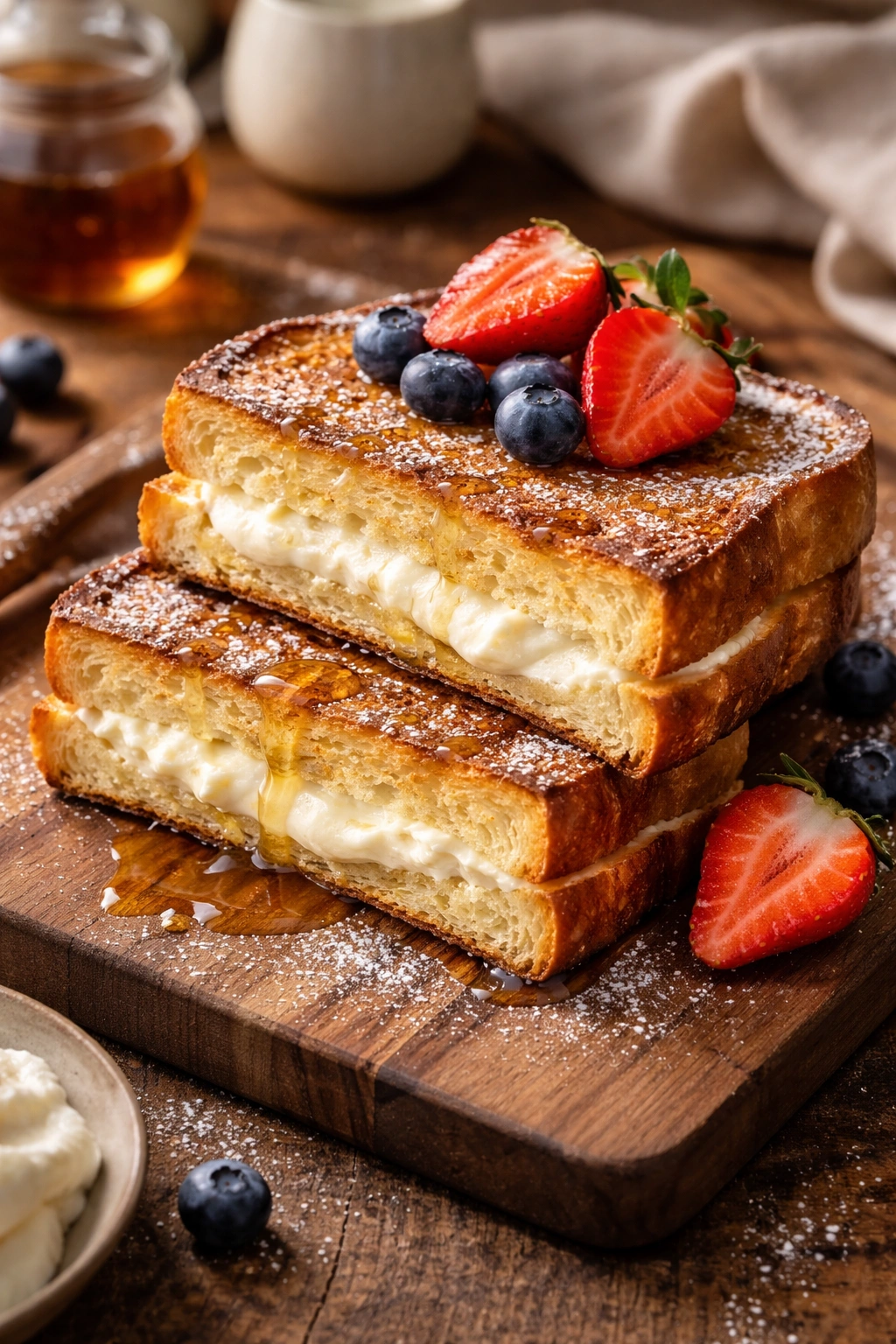 Close-up of stuffed French toast with visible cream cheese filling and golden crust on a wooden board