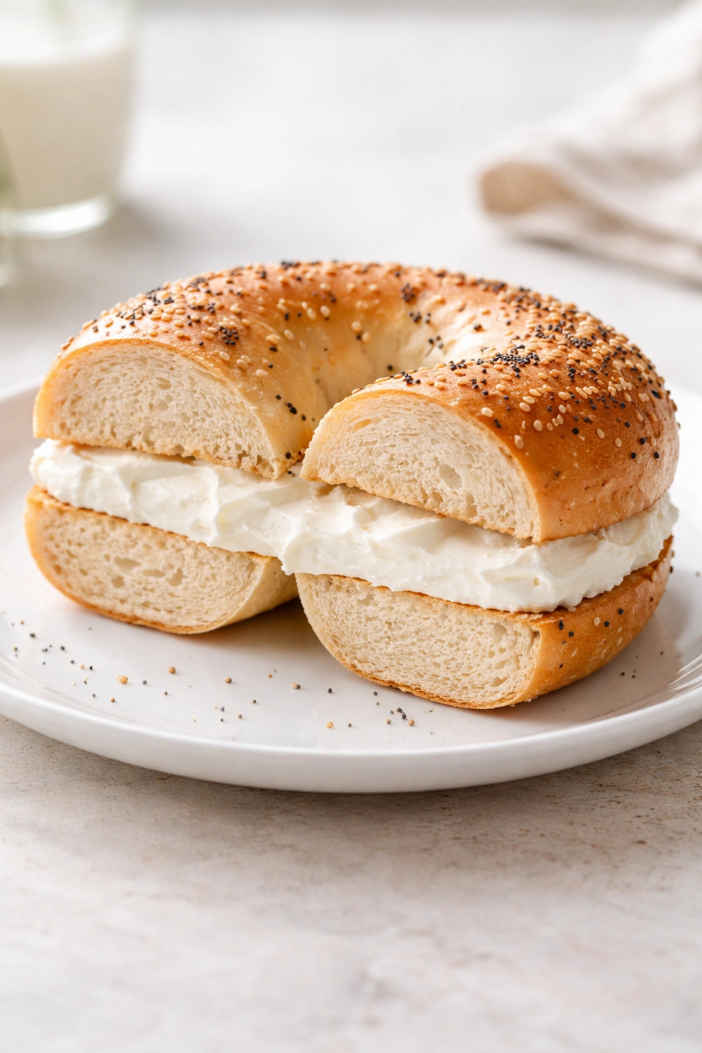 Cross-section of a toasted bagel with a thick cream cheese layer