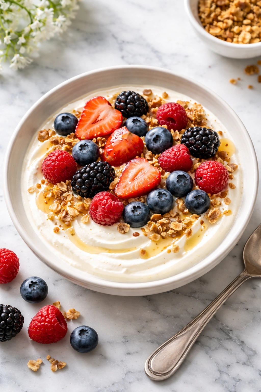 Top-down view of a cream cheese breakfast bowl with fruit topping
