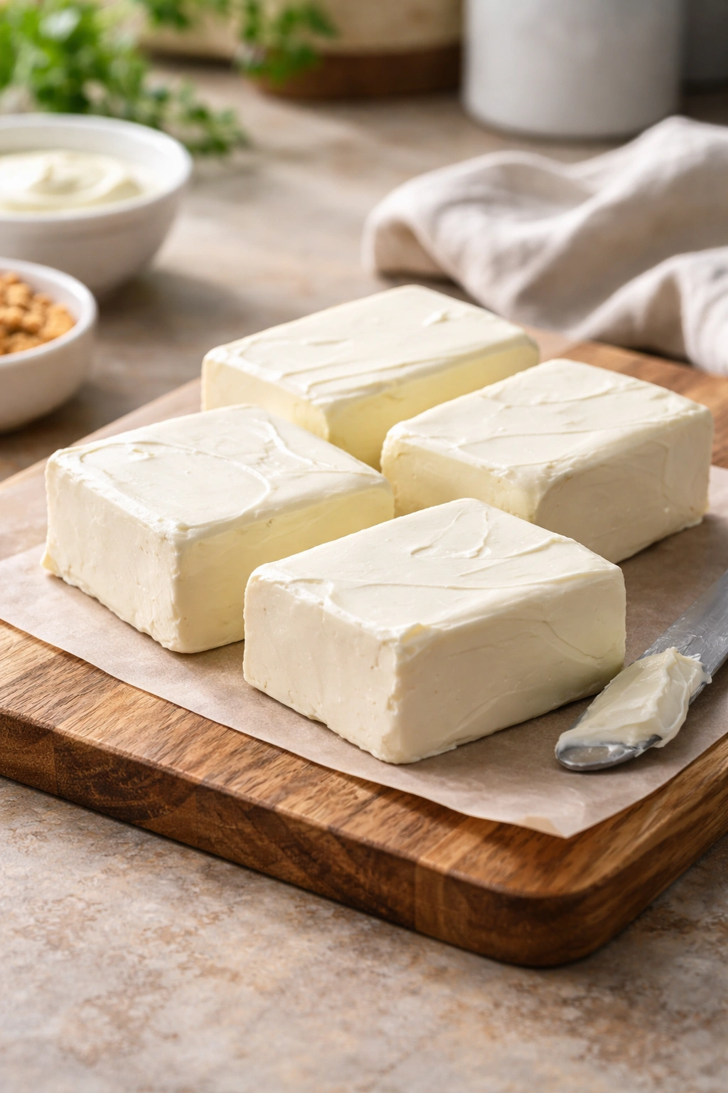 Cream cheese blocks on wooden board