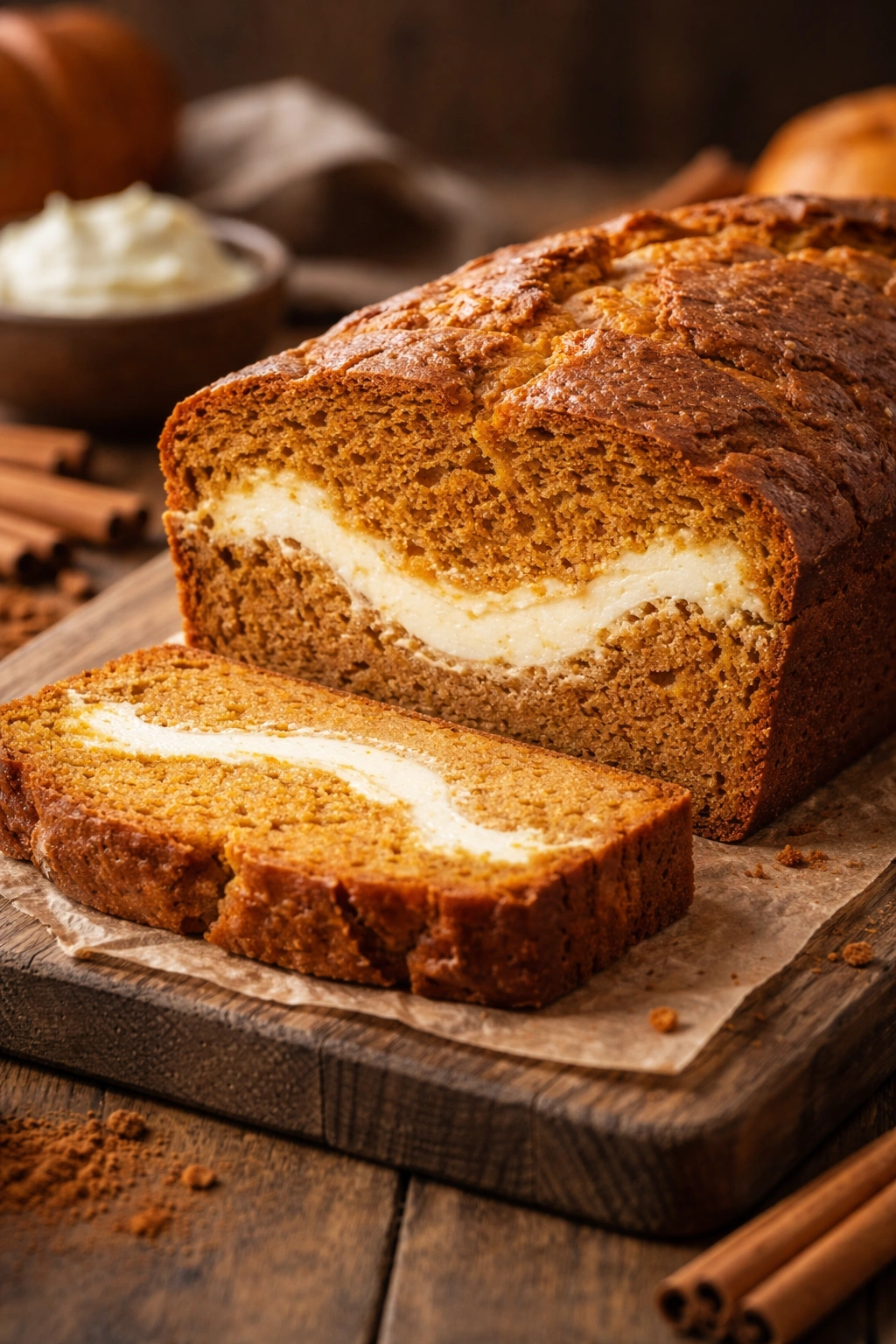 Slice of pumpkin loaf with a cream cheese swirl in the crumb