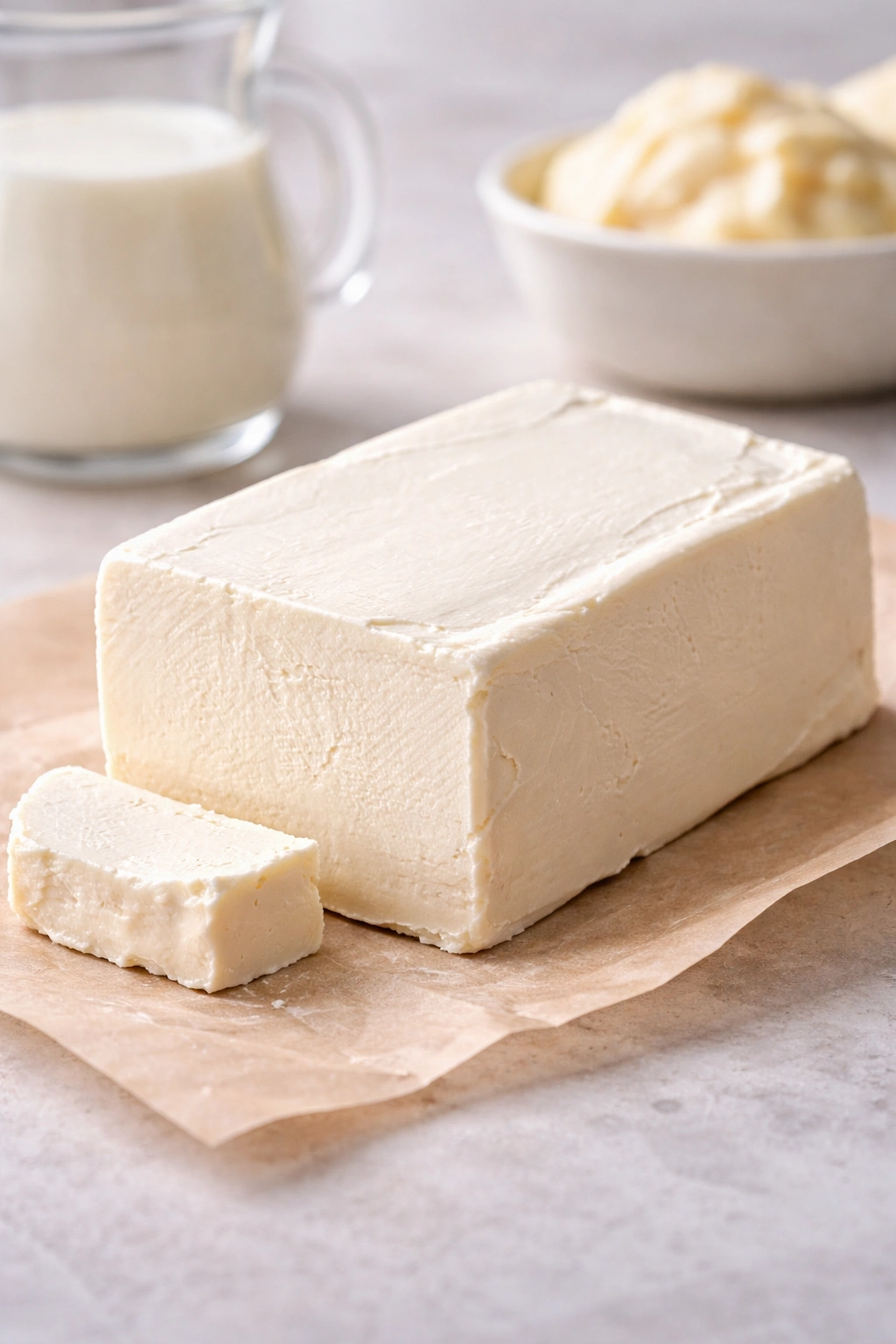 Close-up of a block of cream cheese highlighting texture and quality