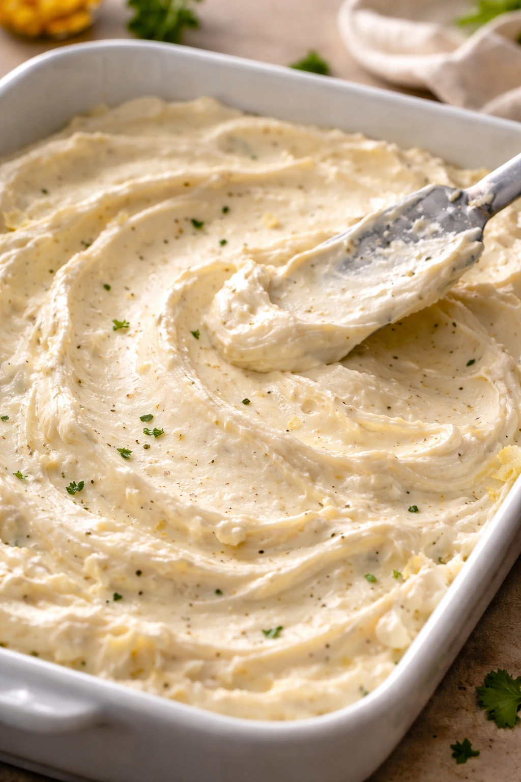 Cream cheese mixture spread evenly in a shallow dish with smooth texture