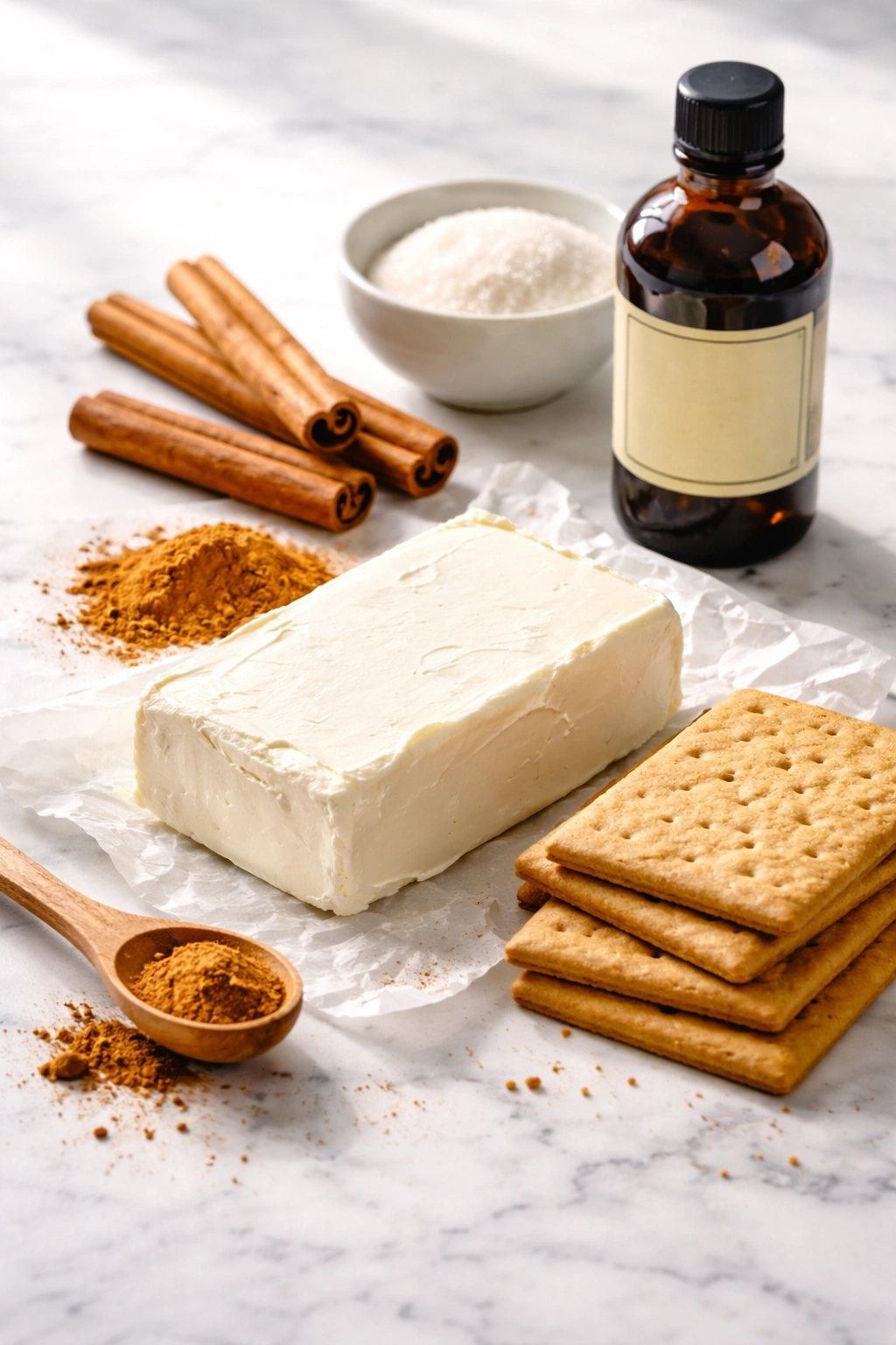 Cream cheese, graham crackers, cinnamon, and vanilla arranged for cheesecake