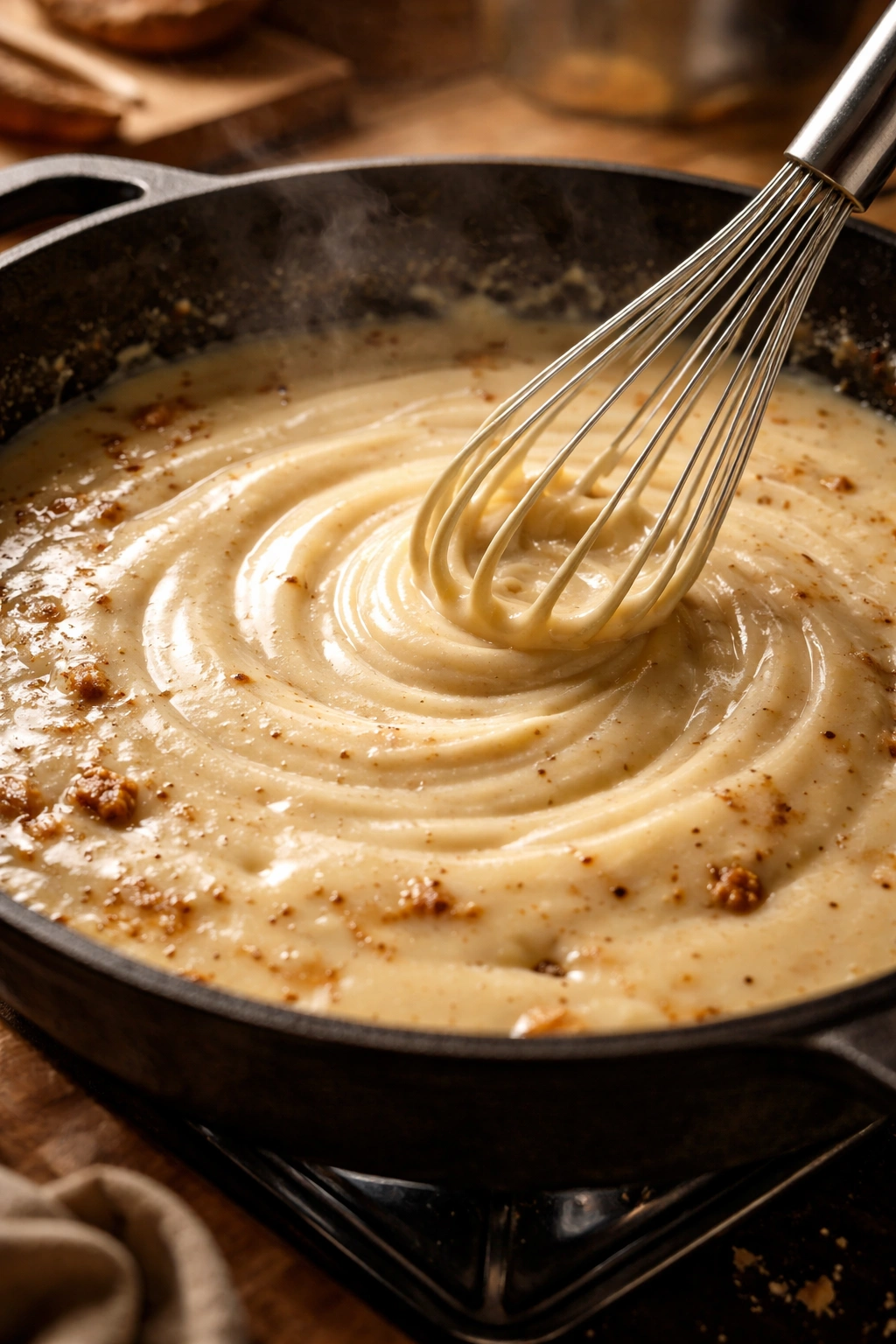 Close-up of silky cream gravy being whisked in a pan