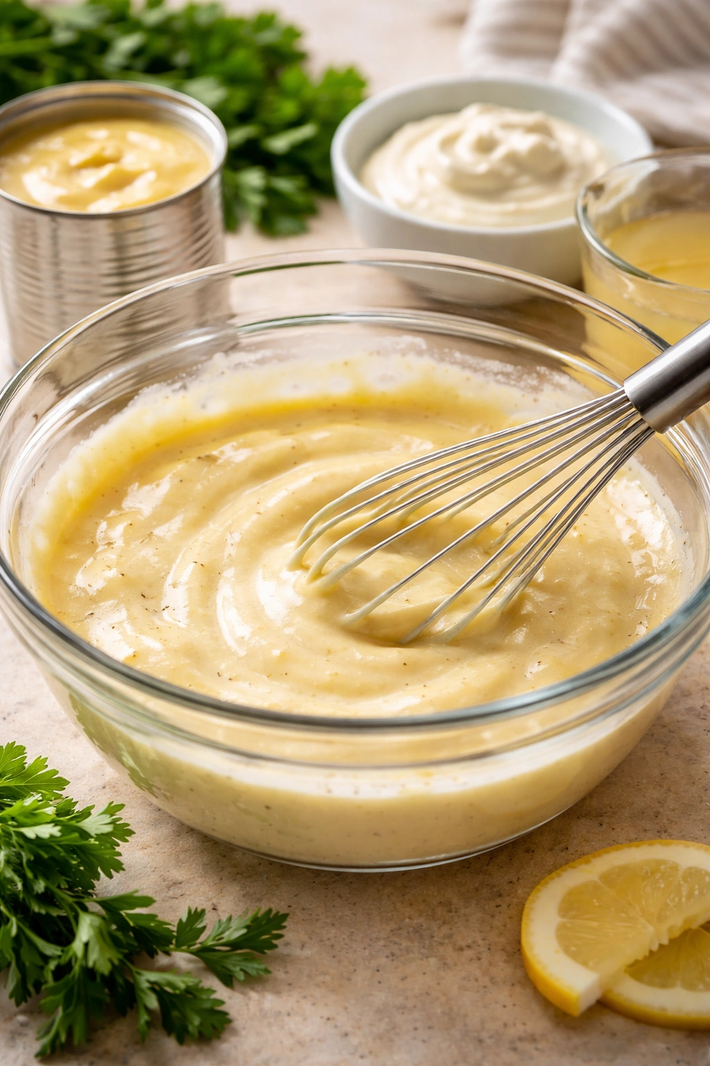 Creamy sauce base of soup, sour cream, and broth in a bowl