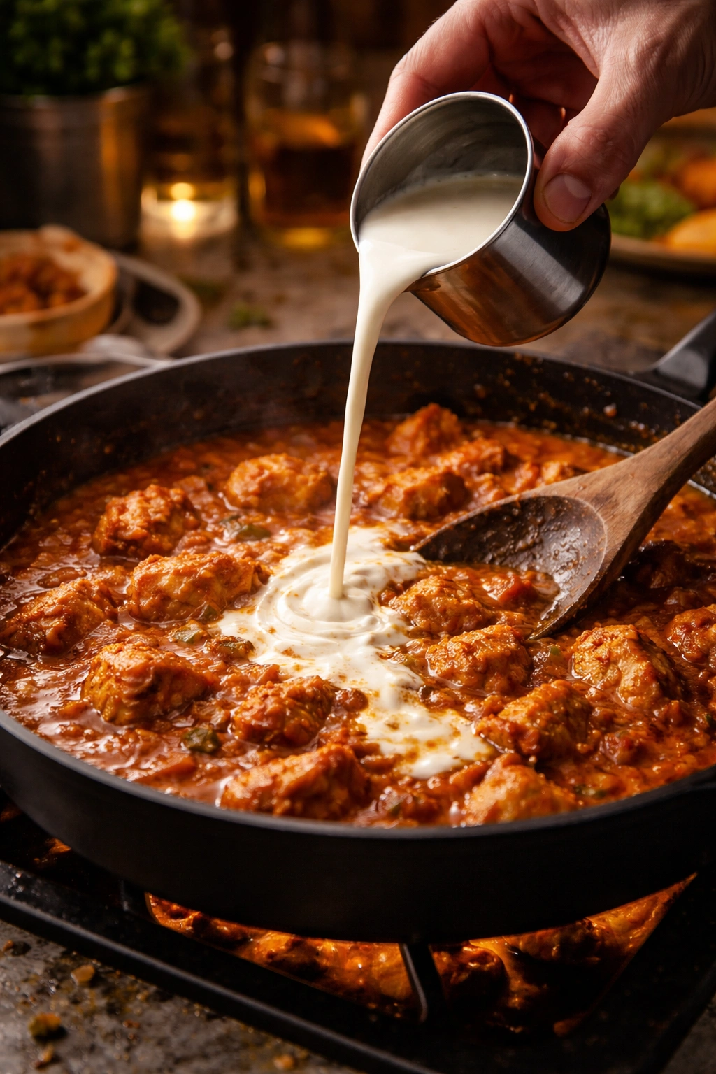 Chef pouring cream into tikka masala sauce