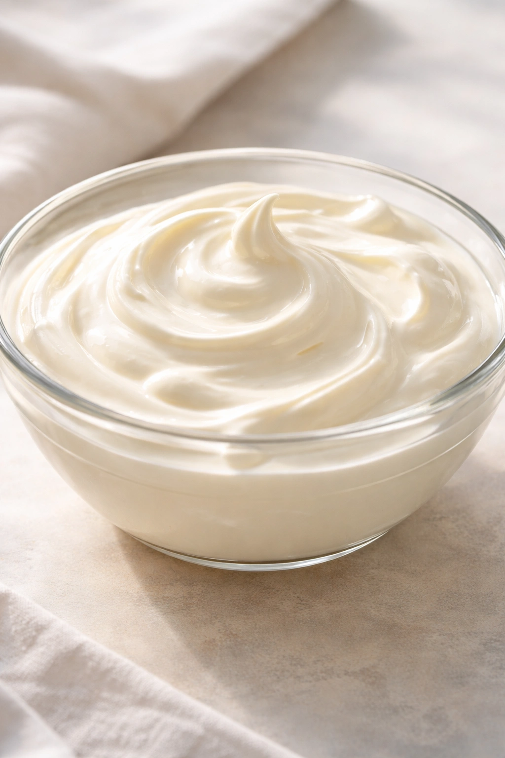 Fresh cream in a bowl showing glossy surface and texture