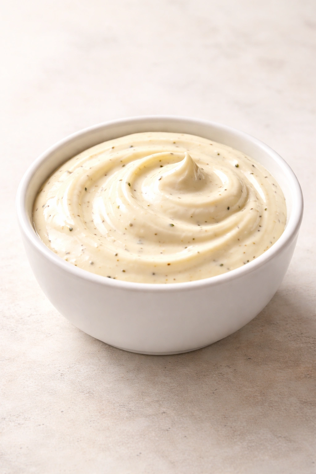 Glossy creamy sauce swirl in a white bowl, smooth texture