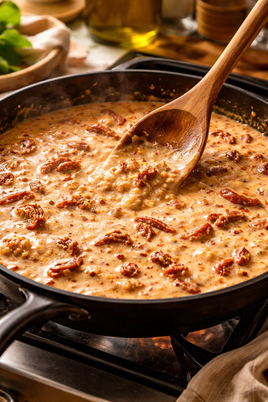 Skillet with creamy sun-dried tomato sauce simmering on the stove