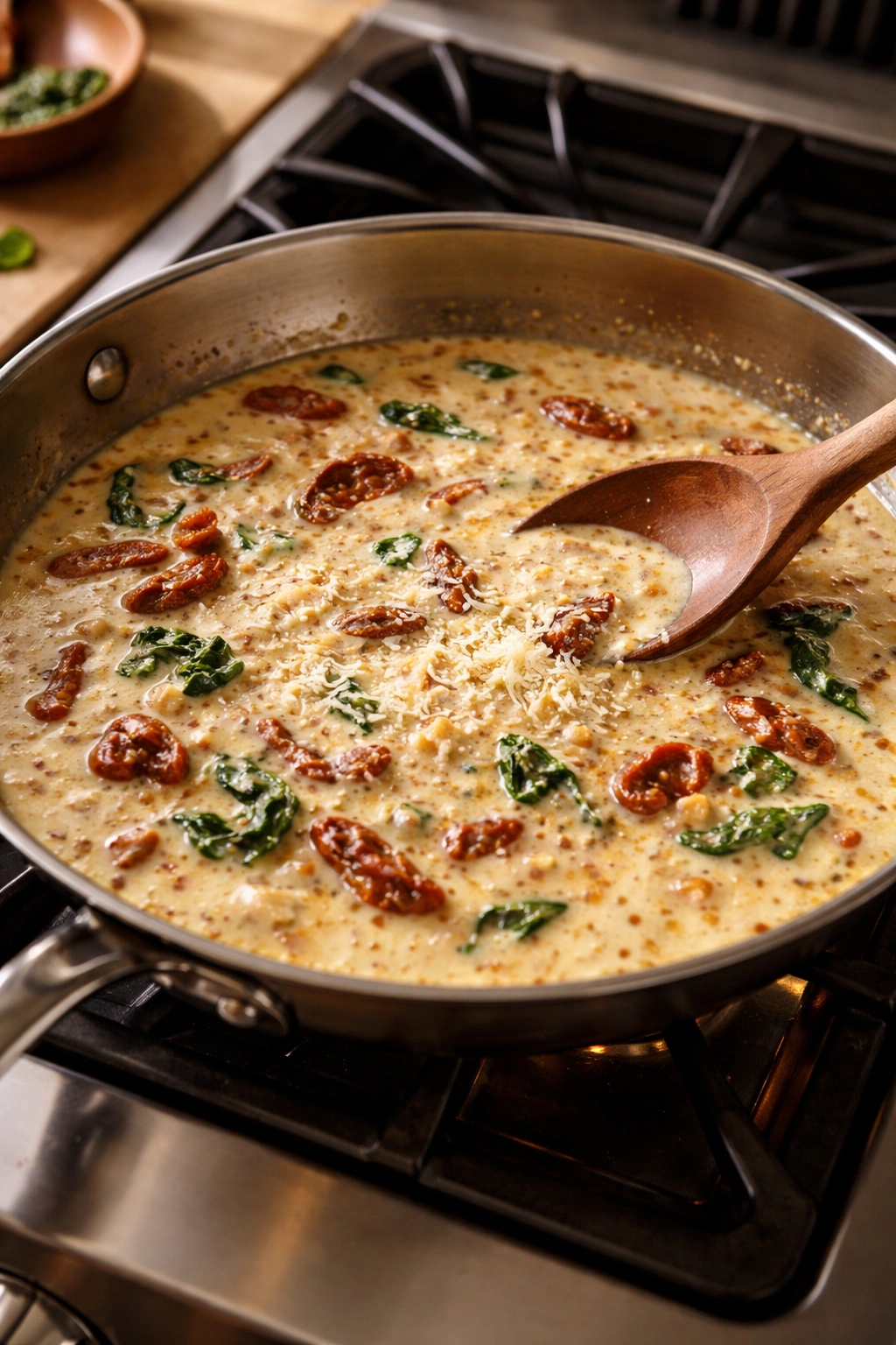 Close-up of creamy Tuscan sauce simmering with sun-dried tomatoes and garlic in a pan