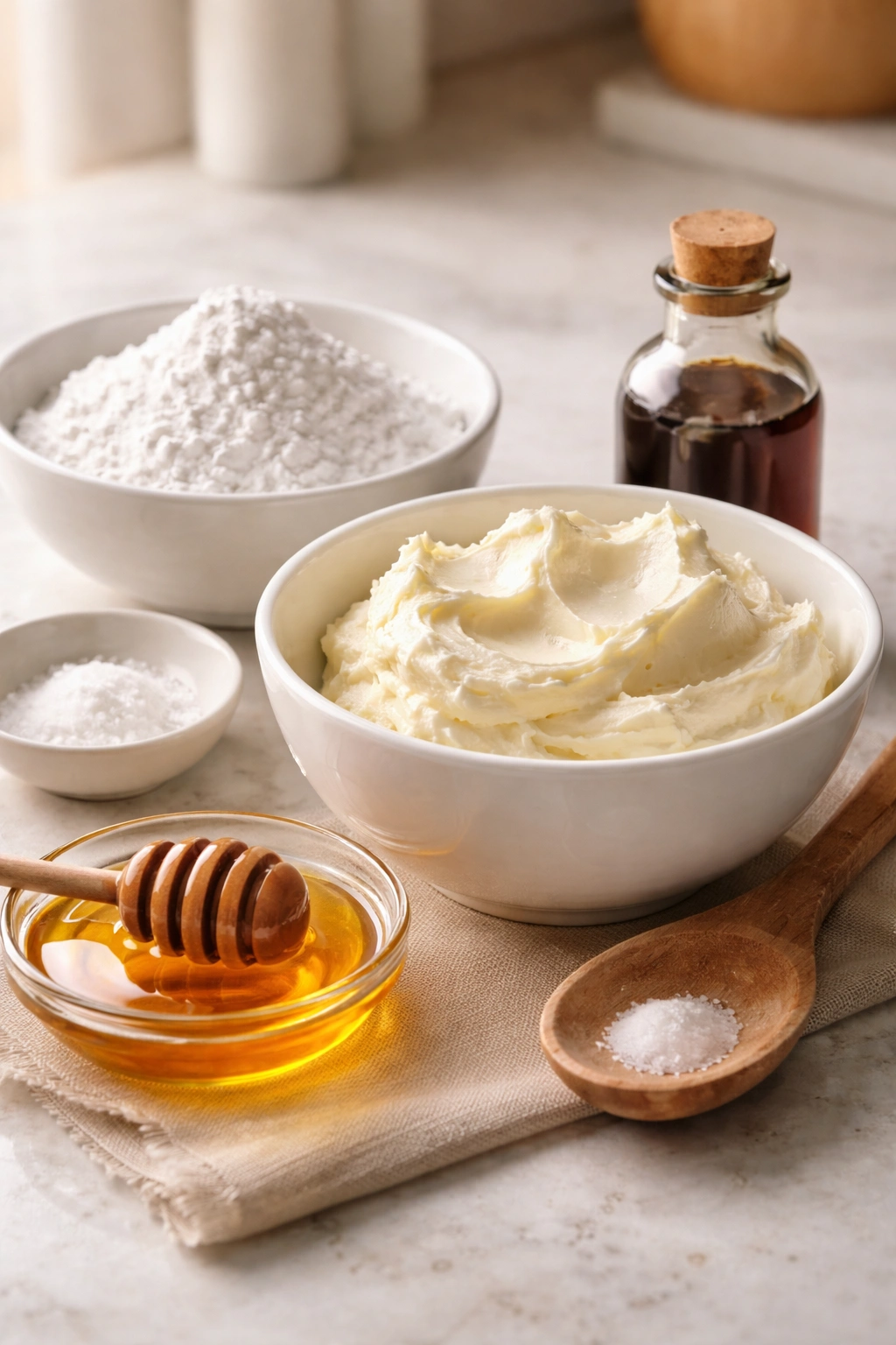 Cream cheese base ingredients in bowls on a clean counter with honey and vanilla
