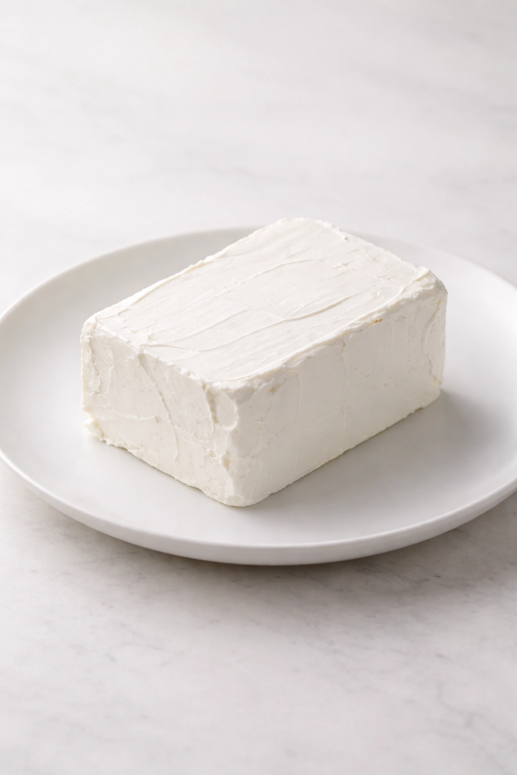 Minimalist cream cheese block on a white plate