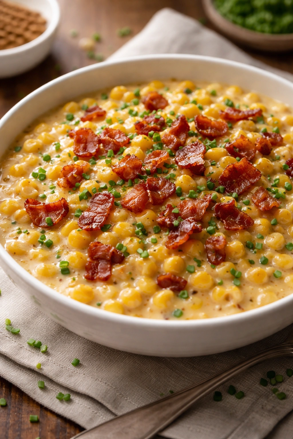 Close-up of creamy corn with bacon and chives on a white plate