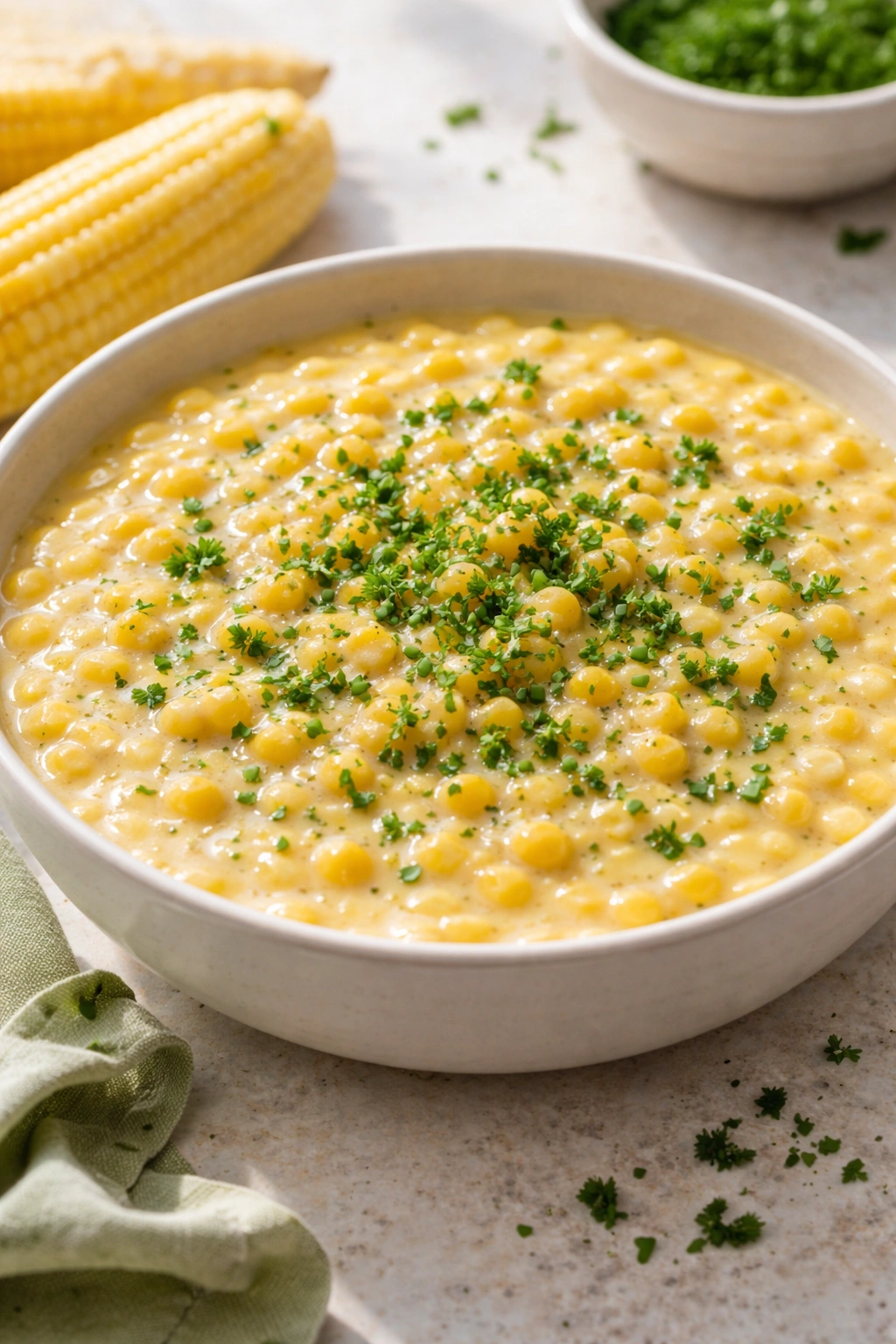 Creamed corn with fresh herbs in a bowl