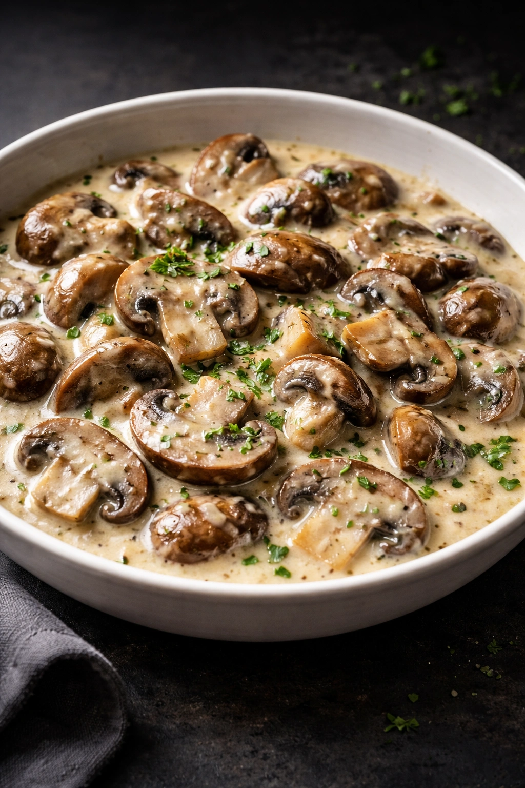 Creamed mushrooms in a creamy sauce in a shallow white bowl