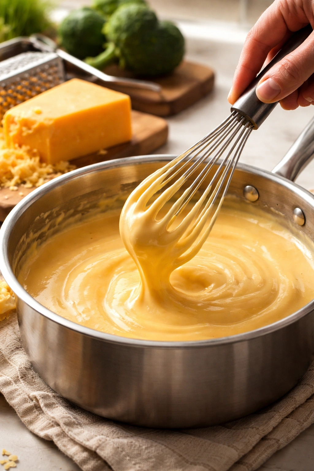 Glossy cheese sauce whisked in a pan with cheddar and grater