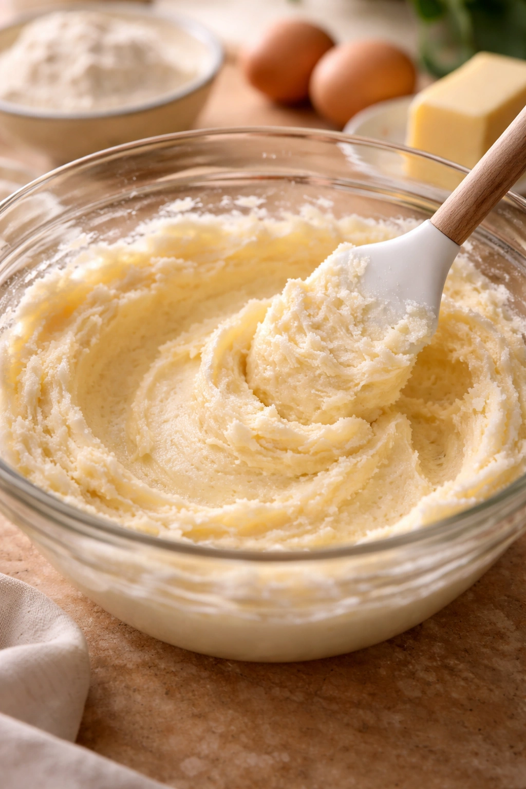 Pale, fluffy creamed butter and sugar in a mixing bowl