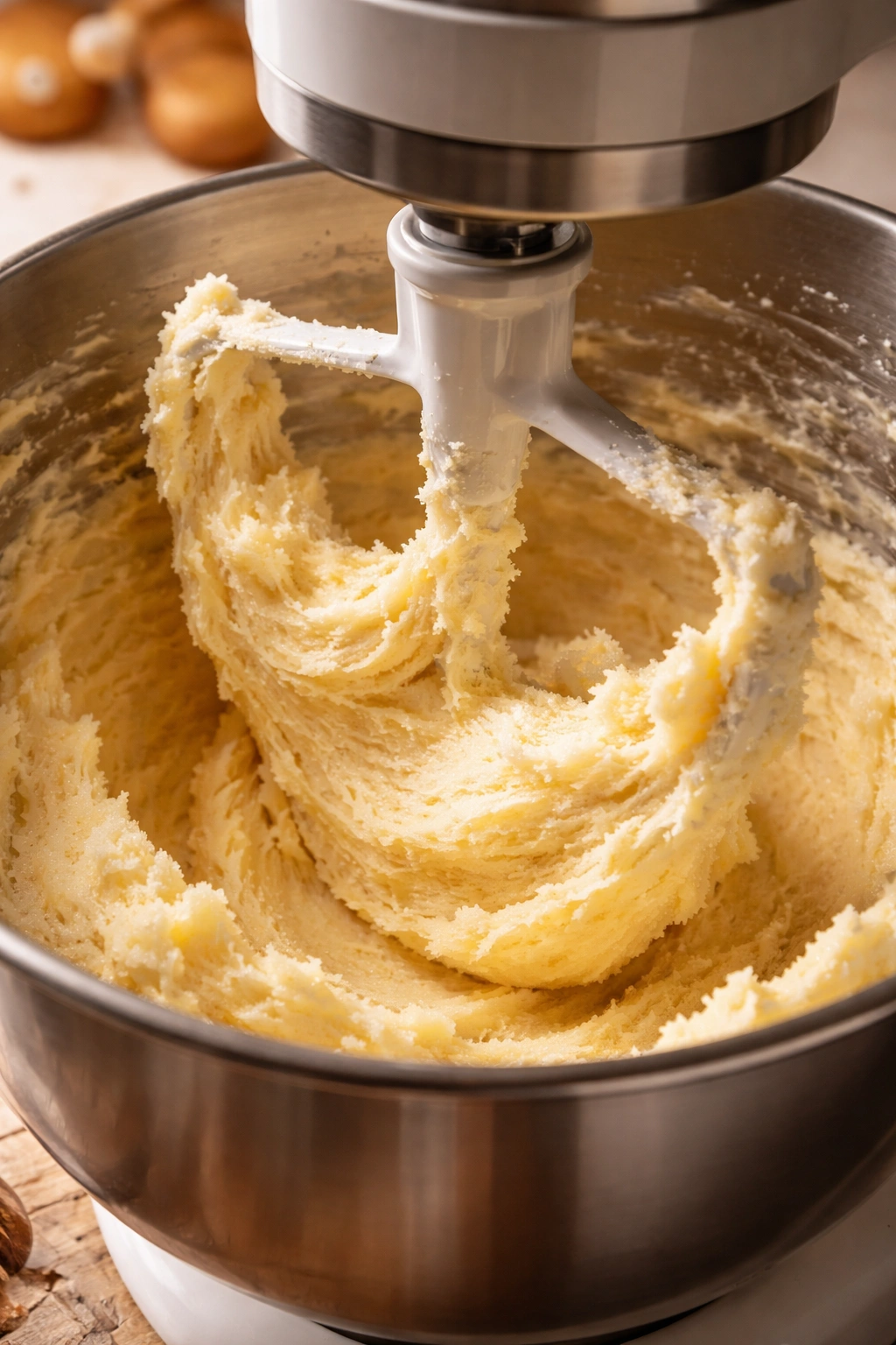Creamed butter and sugar in a mixing bowl forming pale fluffy texture
