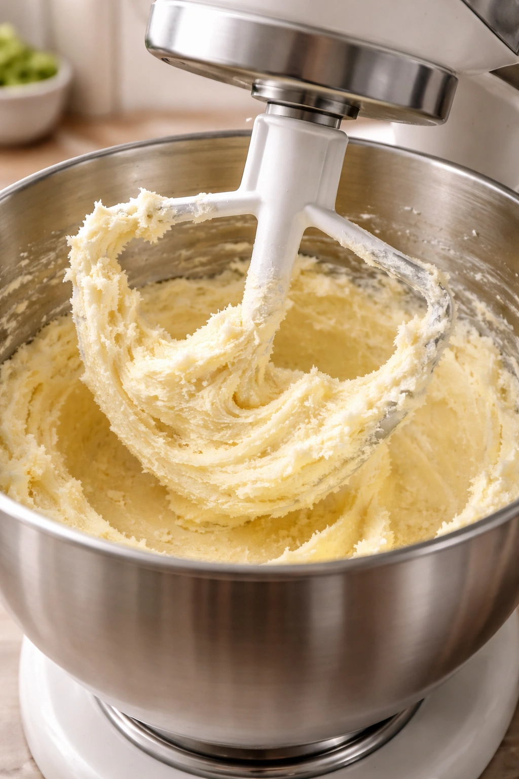 Creamed butter and sugar in a bowl forming pale fluffy mixture