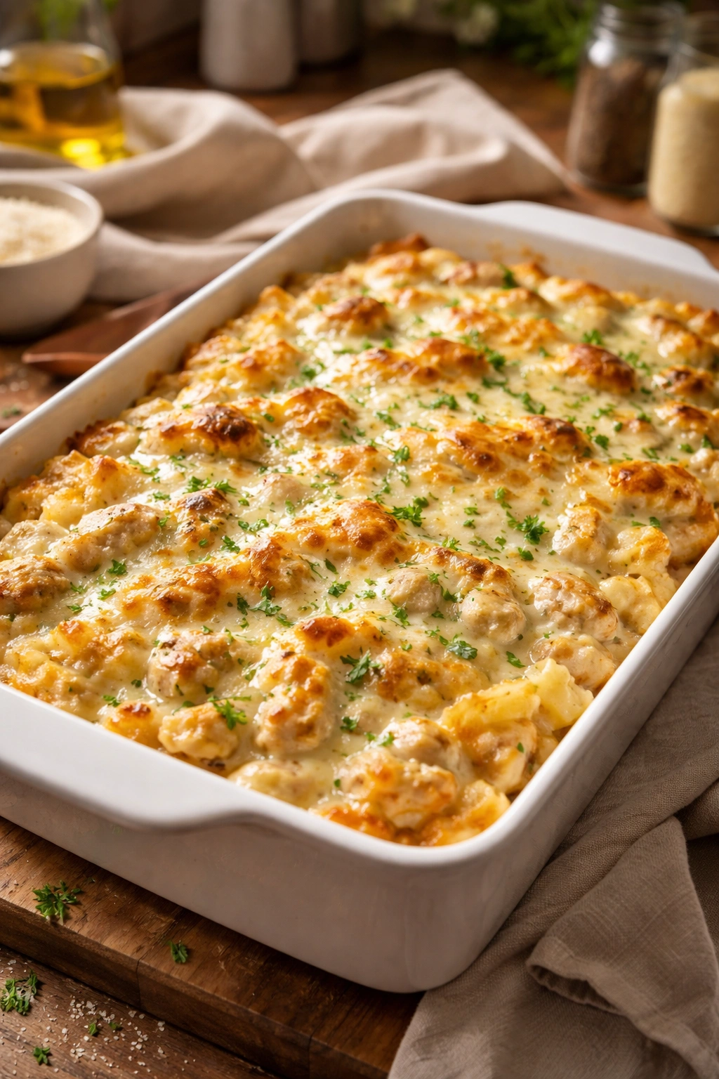Finished creamy alfredo bake with golden top