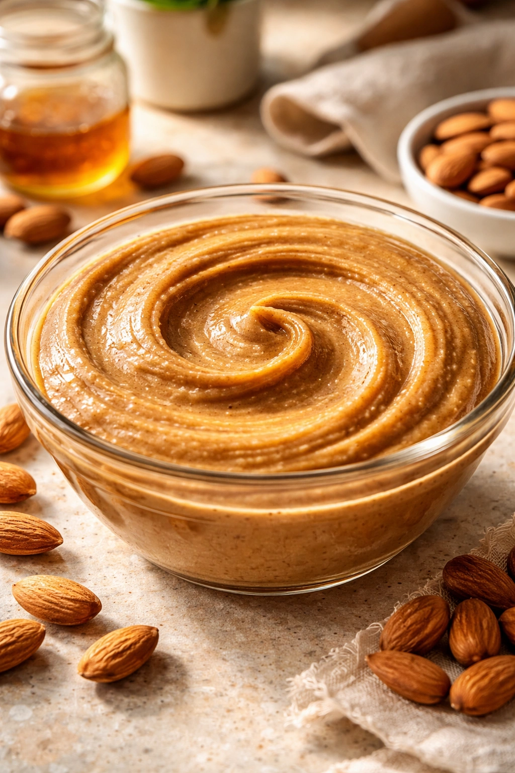Creamy almond butter swirl in a glass bowl