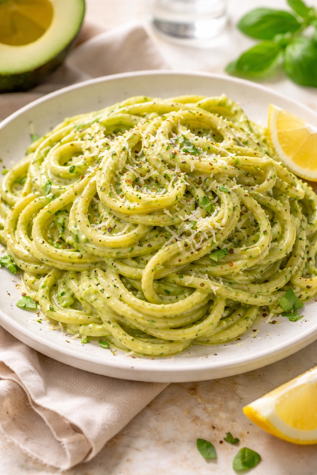 Creamy avocado pasta with green sauce on plate