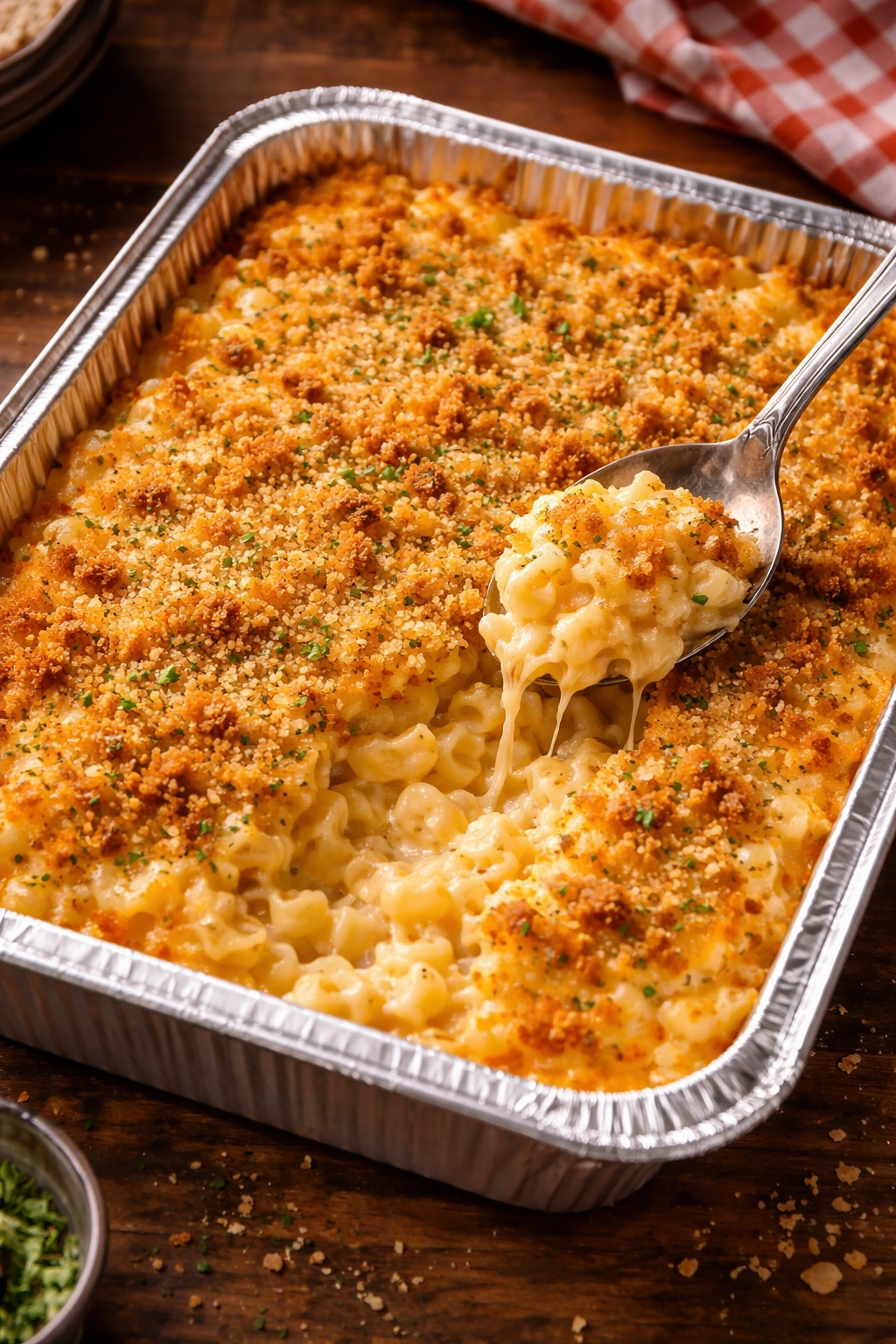 Creamy baked macaroni and cheese with a golden breadcrumb topping