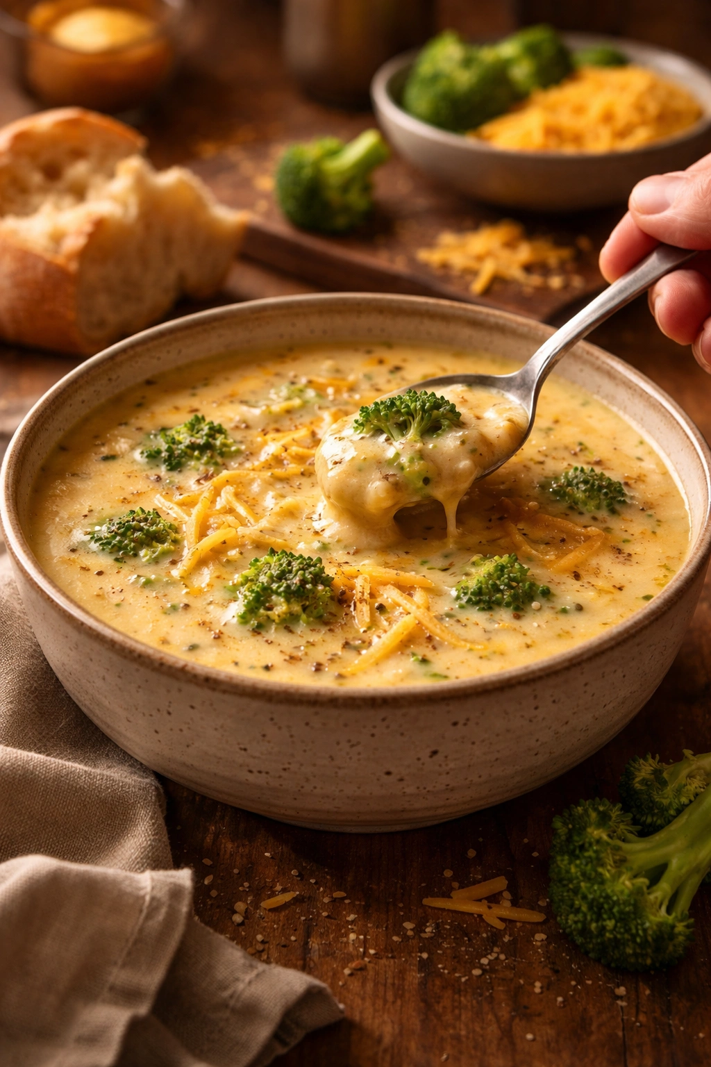 Creamy broccoli cheddar soup with silky texture in a bowl.
