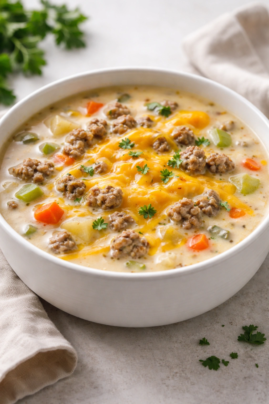 Close-up of creamy cheeseburger soup in a white bowl on a neutral background