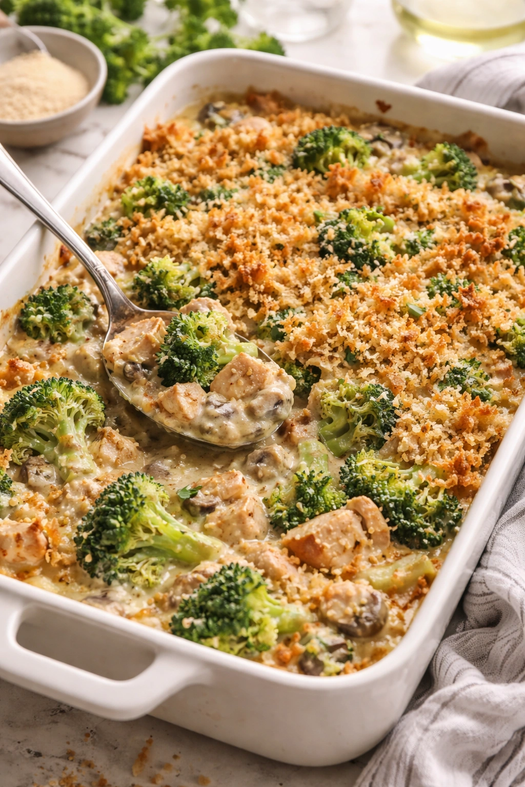 Creamy chicken and broccoli bake with broccoli florets in sauce and breadcrumb topping