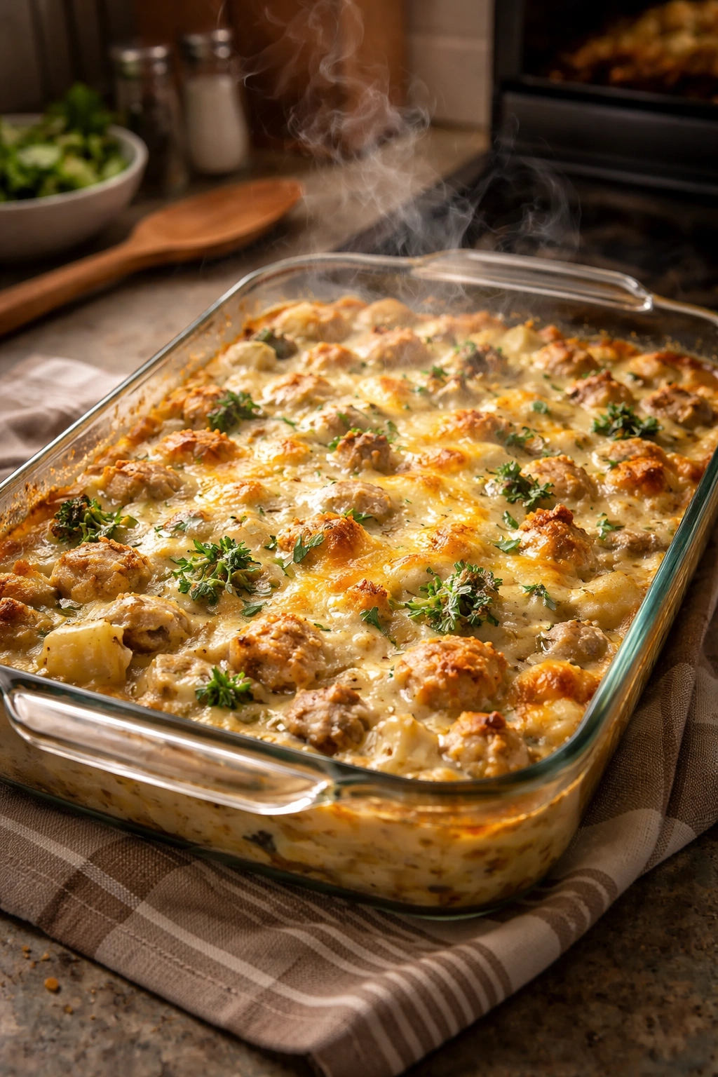 Close-up of bubbling creamy chicken casserole in a glass dish with melted cheese