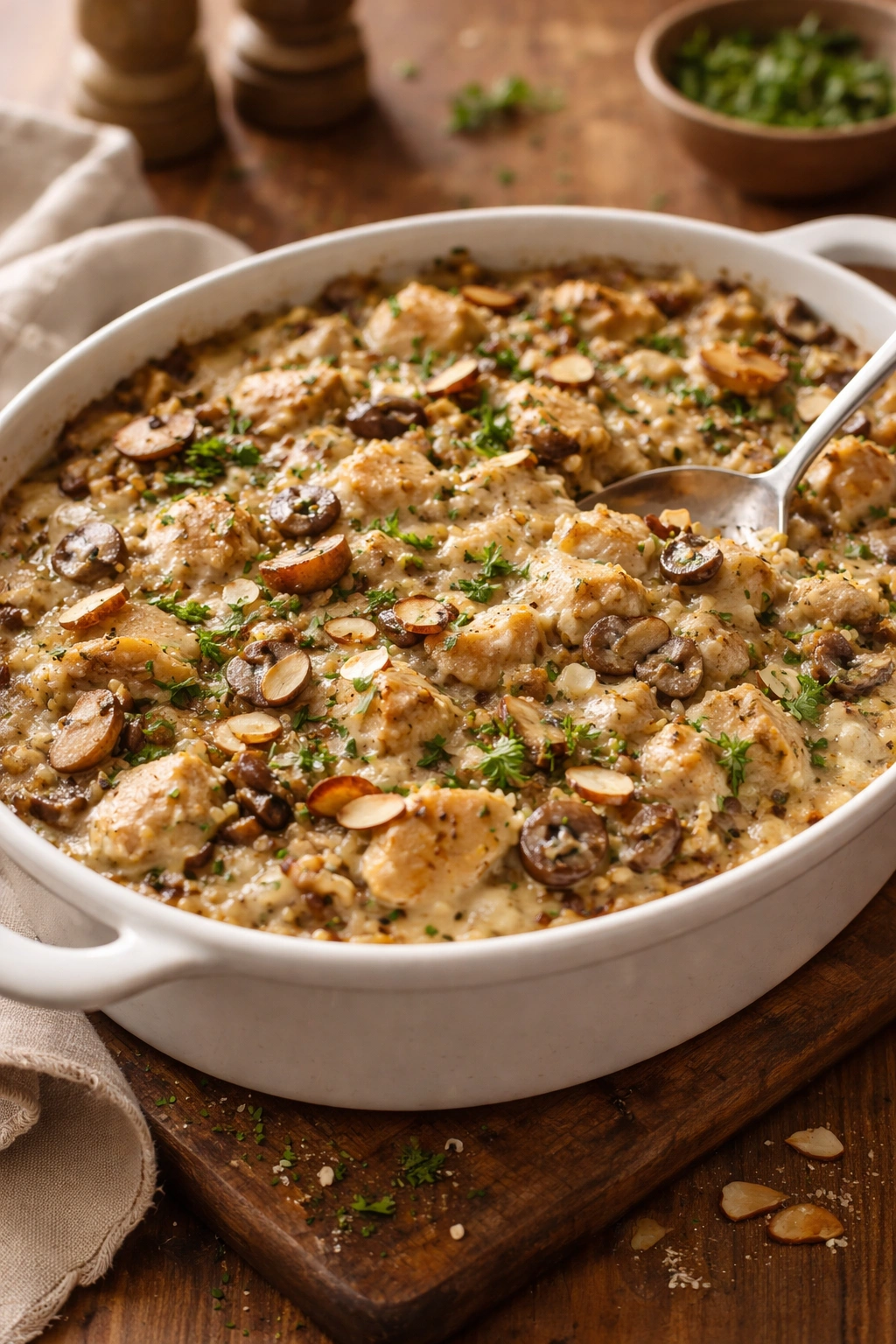 Close-up of creamy chicken and wild rice casserole in round dish