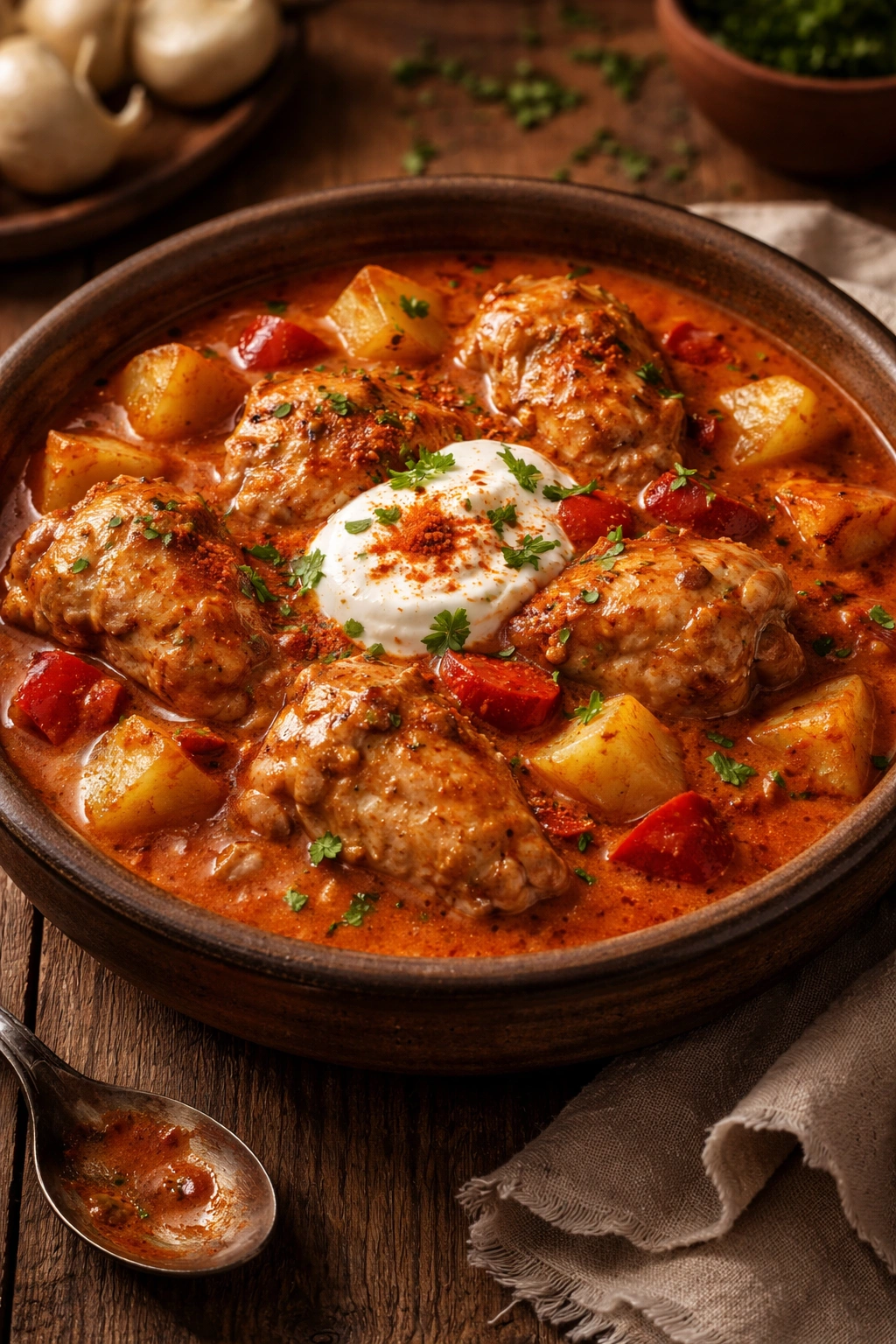 Paprika-rich creamy chicken goulash in rustic bowl
