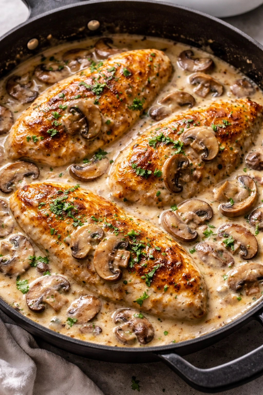 Creamy chicken Marsala with mushrooms in skillet