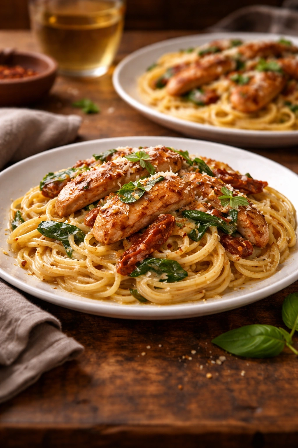Close-up of creamy chicken pasta on a plate with a second plate in the background, warm kitchen setting