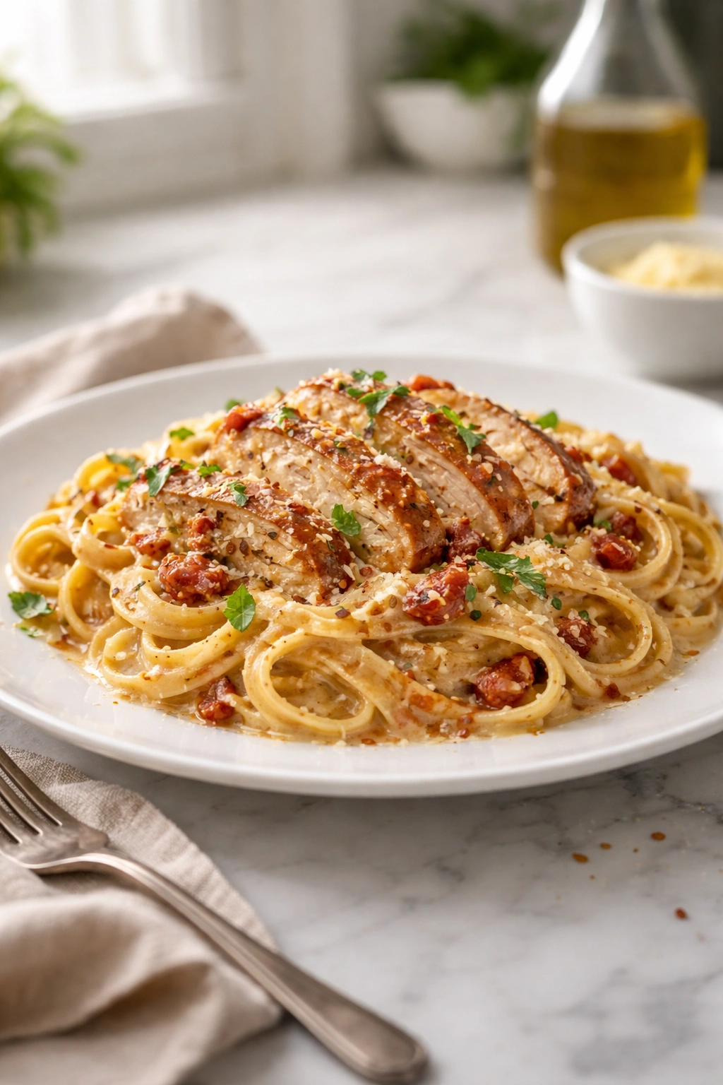 Single plate of creamy Marry Me Chicken Pasta on marble counter with soft kitchen backdrop