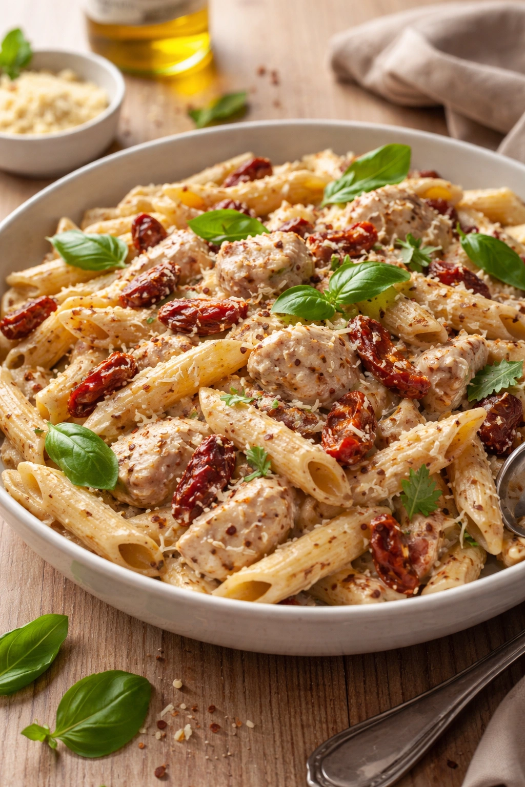 Creamy chicken pasta with sun-dried tomatoes and basil